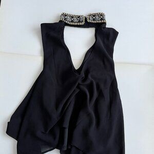 Black Sleeveless Silky Lined Top with Beaded Collar